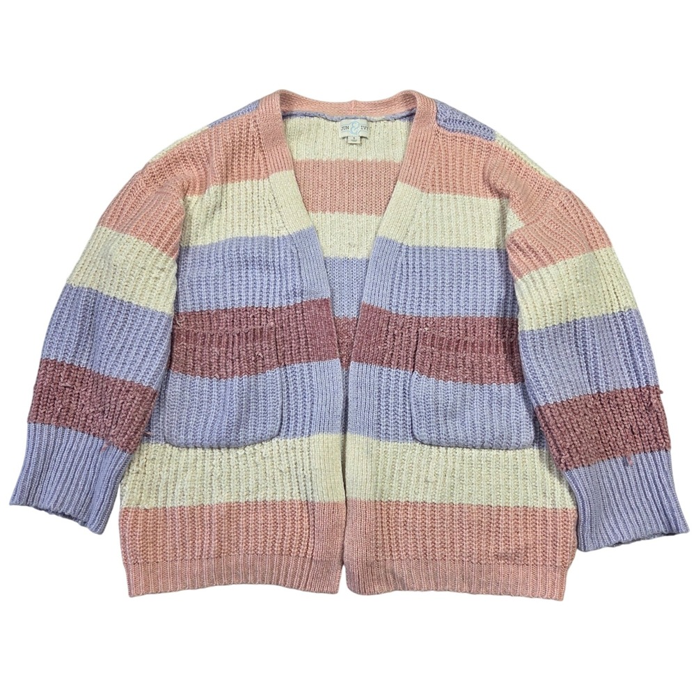 JUN & IVY Striped Chunky Knit Open Front Cardigan Sweater Womens S Pastel Preppy
